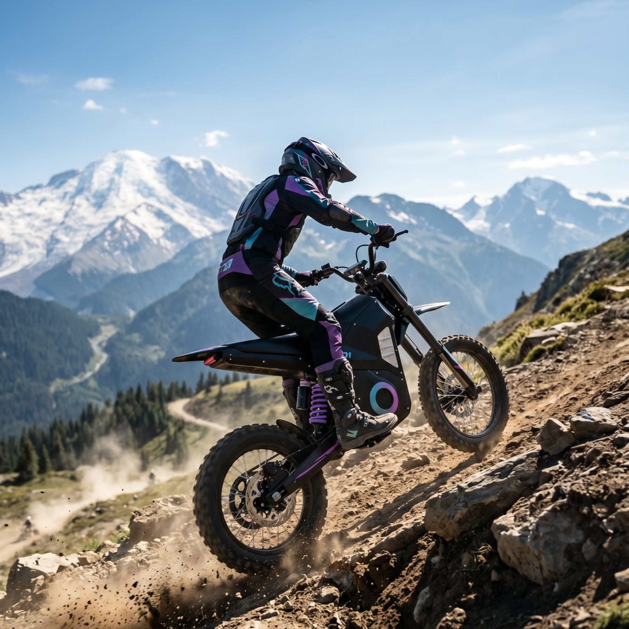Leukate electric dirt bike on a mountain trail