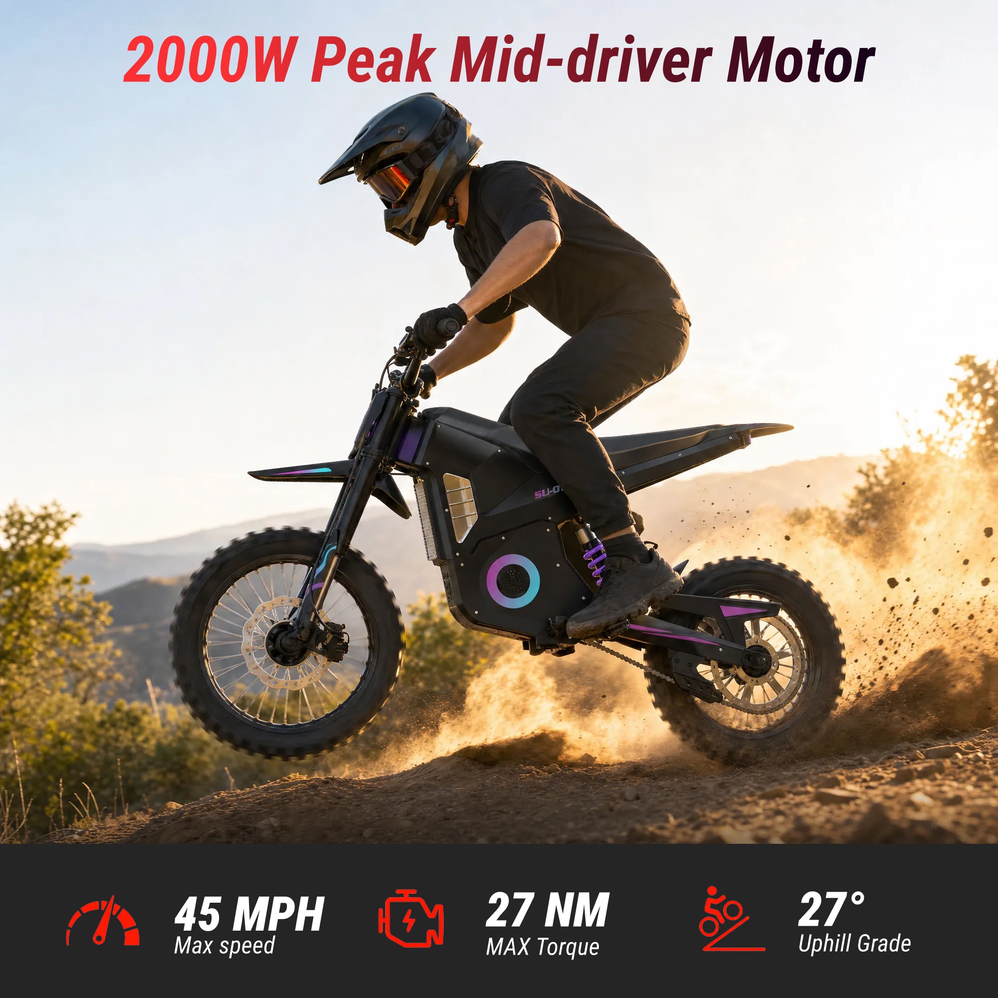 Leukate electric dirt bike riding on dirt